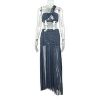 Women's One-Shoulder Strap Crop Bra Tops & Gauze Spliced Draped Split Long Skirt, 2pcs Set