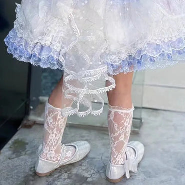 Lolita Skirt Base Socks White Lace Thin Ruffle Long Knee-high Sock for Kids Baby Princess Style Heart Bow Pattern Mesh Stockings