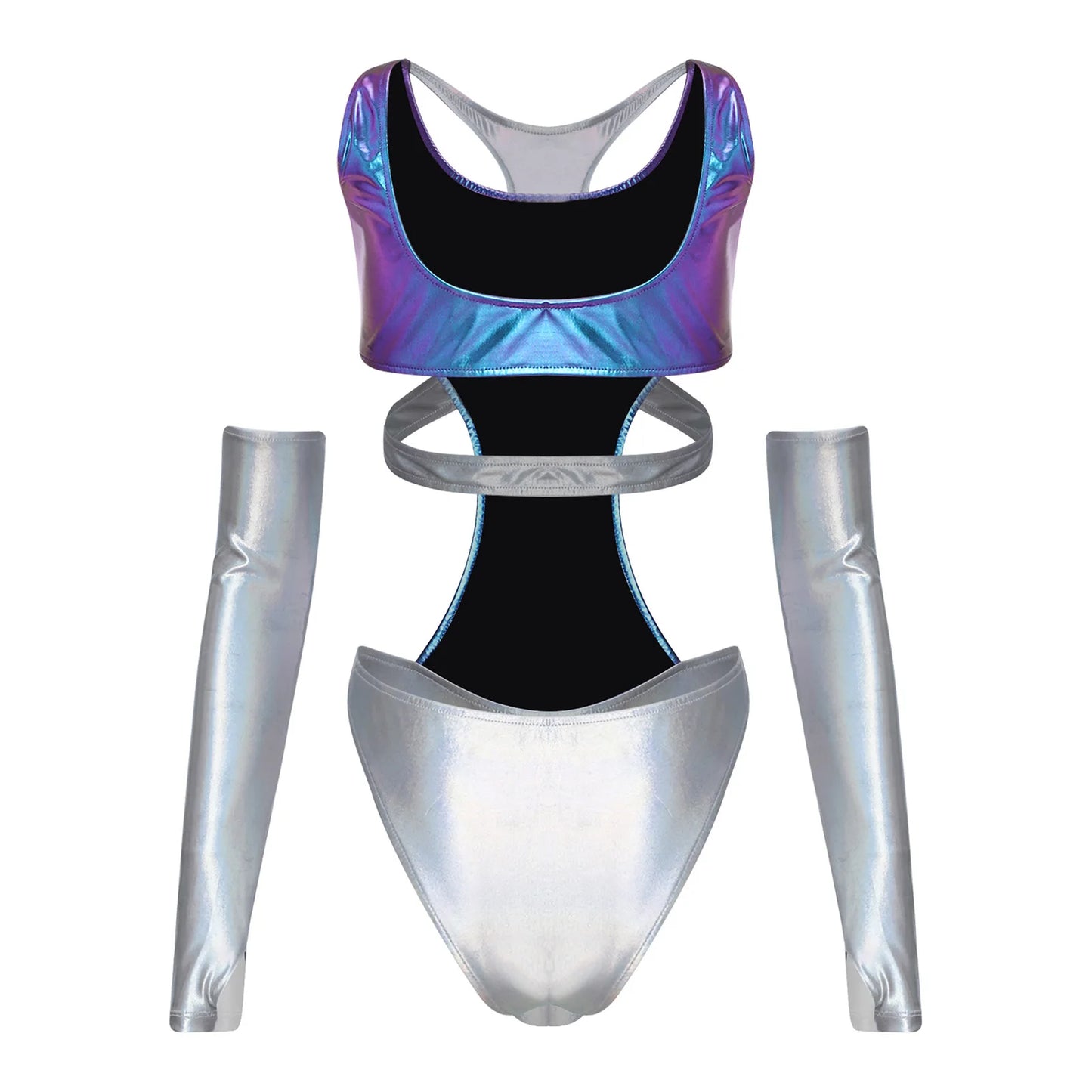 Women Metallic Shiny Bodysuit with Fingerless Long Gloves Contrast Cut Out Leotard for Halloween Cosplay Astronaut Alien Costume