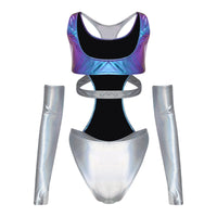 Women Metallic Shiny Bodysuit with Fingerless Long Gloves Contrast Cut Out Leotard for Halloween Cosplay Astronaut Alien Costume
