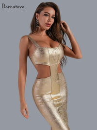 Sexy Hollow Out Women Bandage Dresses Metallic Gold Midi Bodycon Backless Sleeveless Club Dress Birthday Party Elegant Outfits