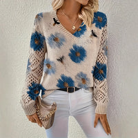 Elegant Bohemian Floral V-neck Long Sleeved Top Fashionable V-neck Pullover Hollow Printed Sweater Pullover 2025 Casual Knitwear