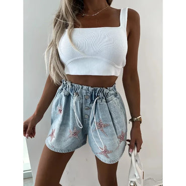 Wepbel Y2K Fashion Streetwear Short Jeans Women Summer Leisure Rhinestone Elastic Waist Denim Shorts Straight Short Jeans