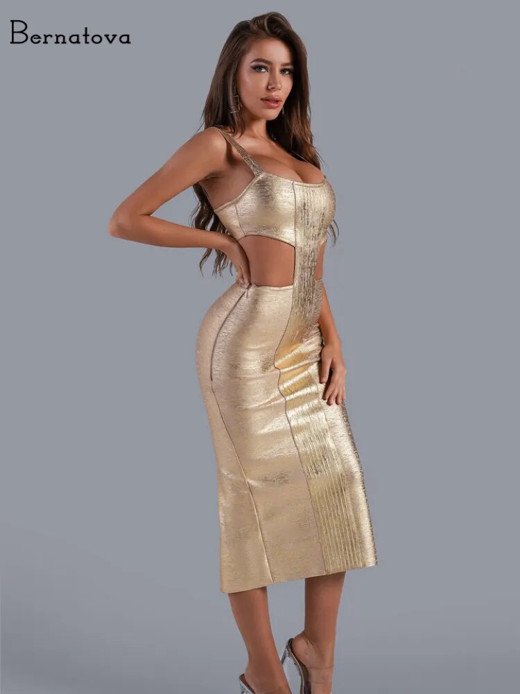 Sexy Hollow Out Women Bandage Dresses Metallic Gold Midi Bodycon Backless Sleeveless Club Dress Birthday Party Elegant Outfits