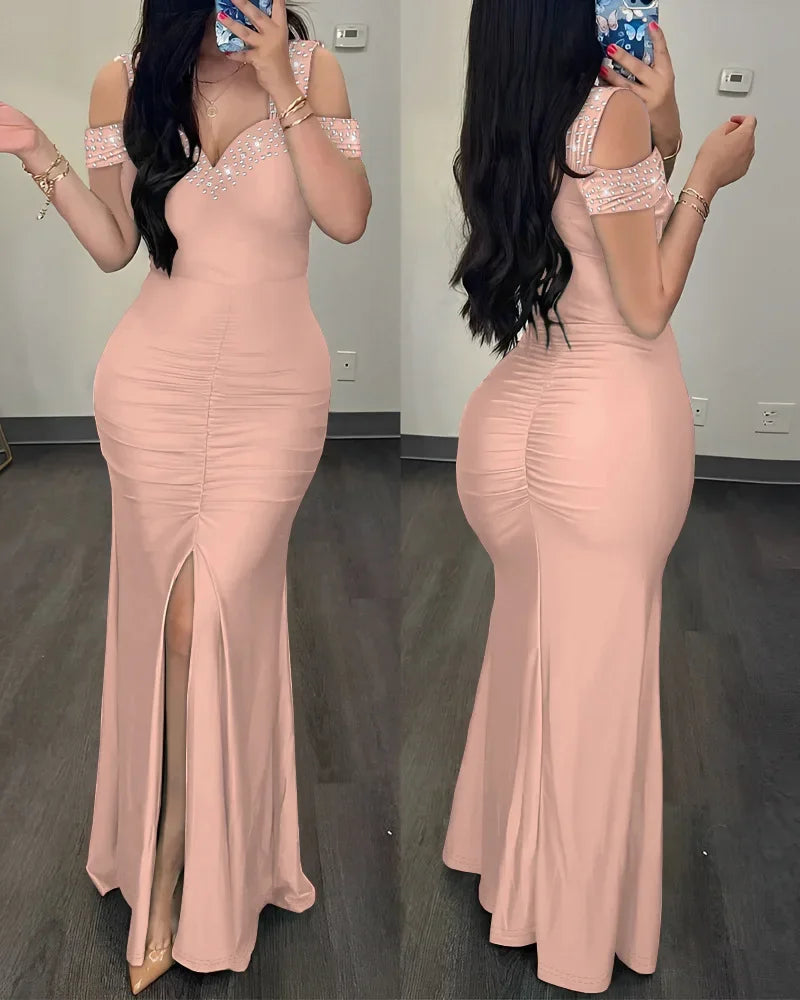 Elegant Dress Women New Fashion Sexy V-neck Off Shoulder Diamond Sleeveless Split Slim Fit Dresses Woman Robe Ladies vestidos