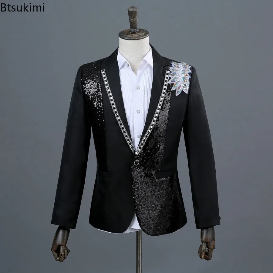 2025 Men's Party Prom Sequin Dress Suit 2 Piece Sets Luxury Classic Black White Diamond Singer Dance Stage Performance Costumes
