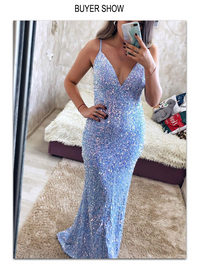 Sexy Blue Backless Slip Sequin Mermaid Wedding Gown V Neck Sleeveless Velvet Padded Stretch Prom Evening Long Dress Women