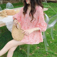 Spring Autumn Fashion Pure Cotton V-neck Printing Blouses Women's Clothing Button Sweet Versatile Floral Bishop Sleeve Blouses