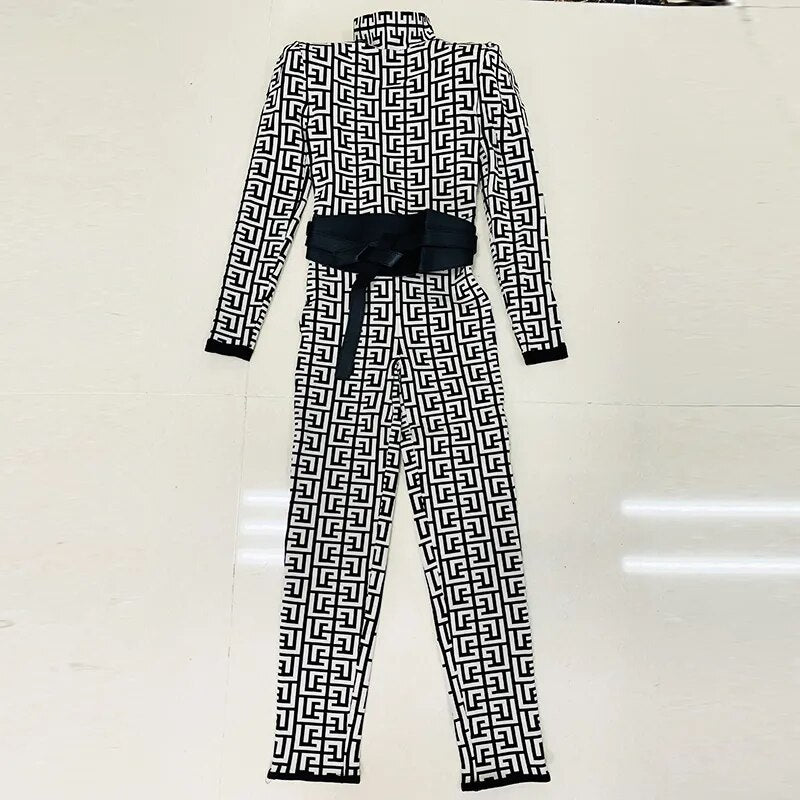 HIGH STREET Newest 2023 Fashion Designer Rompers Women's Peak Shoulder Long Sleeve Monogram Jacquard Knit Jumpsuit with Belt