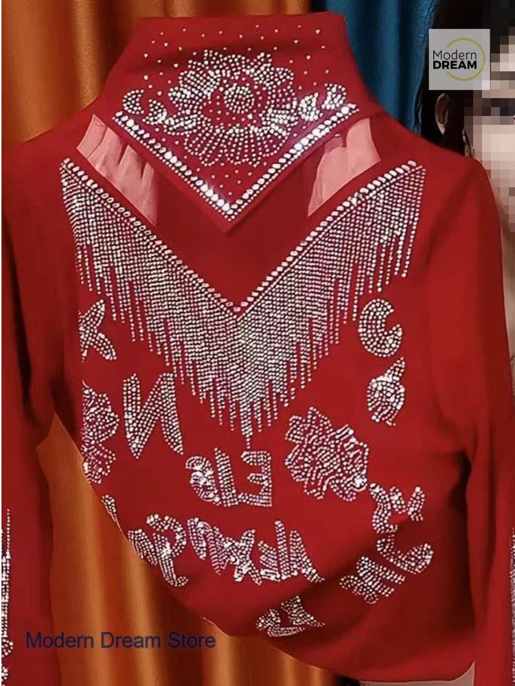 French style high-grade rhinestone bottoming shirt women's spring and autumn new slim semi-high collar versatile bottoming shirt