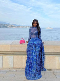 Royal Blue Dress for Women Mid-turtleneck High Waist Transparent  Light Long Dress with Sleeves Streetwear Pleated Maxi Dress