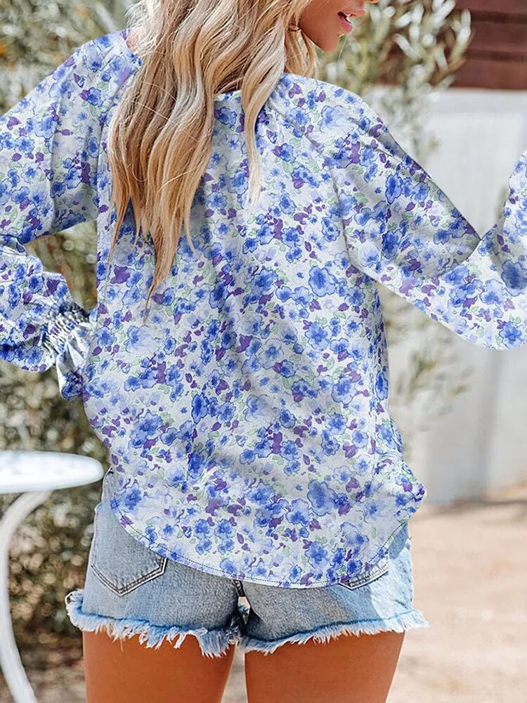 Floral Chiffon Blouse Tops For Women 2022 Autumn Fashion V Neck Long Sleeve Loose Elegant Office Shirt Oversize Casual Blouse