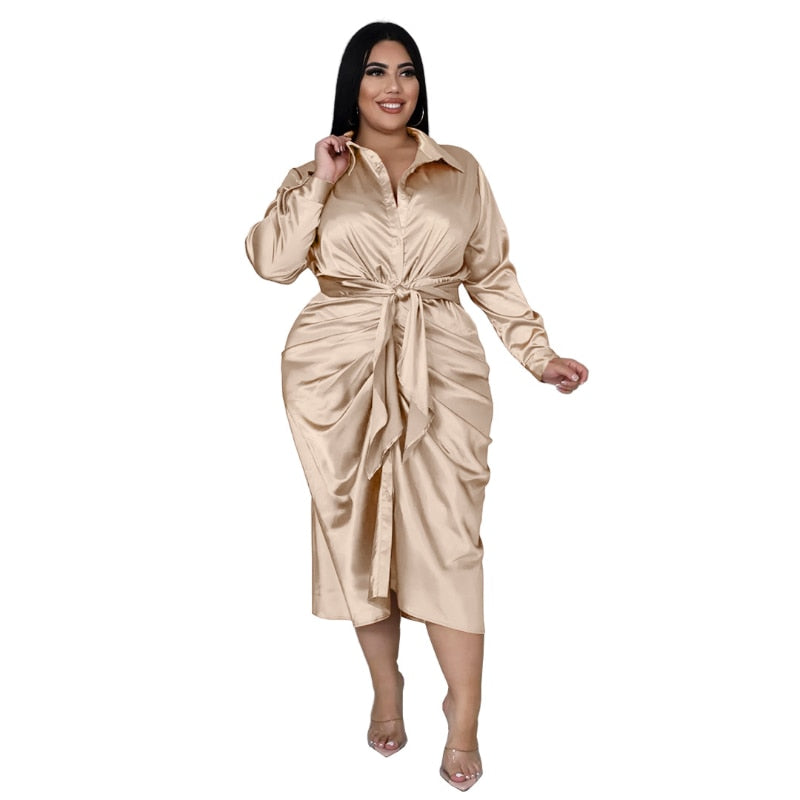 Elegant Satin Plus Size Women Shirt Dress Sexy Ruched Long Sleeve Lace Mega Mart Center Elegant Satin Plus Size Women Shirt Dress Sexy Ruched Long Sleeve Lace Mega Mart Center