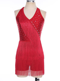 Women Rhinestones Latin Dance Costume Tassel Gymnastics Leotard Bodysuit Ballet Tango Salsa Jazz Performance Fringed Jumpsuits