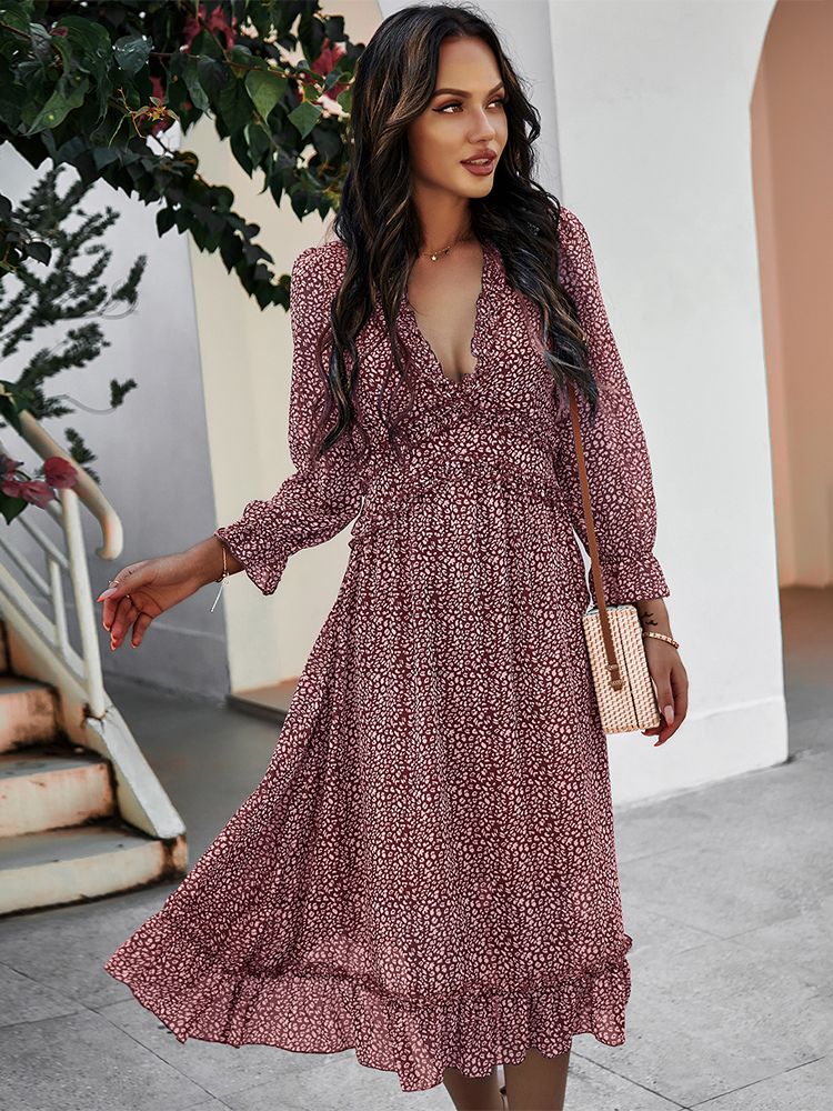 Boho Summer Dress Women 2022 Ruffles Print V Neck Chiffon Midi Dress Wrist Flare Sleeve Empire Holiday Beach Dresses Woman