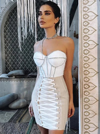 Women Luxury Sexy Strapless Backless Crystal Sparkly Beige Pink Mini Bodycon Bandage Dress 2022 Elegant Evening Club Party Dress