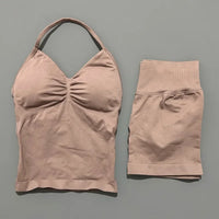 2 Pieces Sports Set Women Backless Halter Tops Fitness Tank Top High Waist Seamless High Stretch Shorts Gym Workout Sets