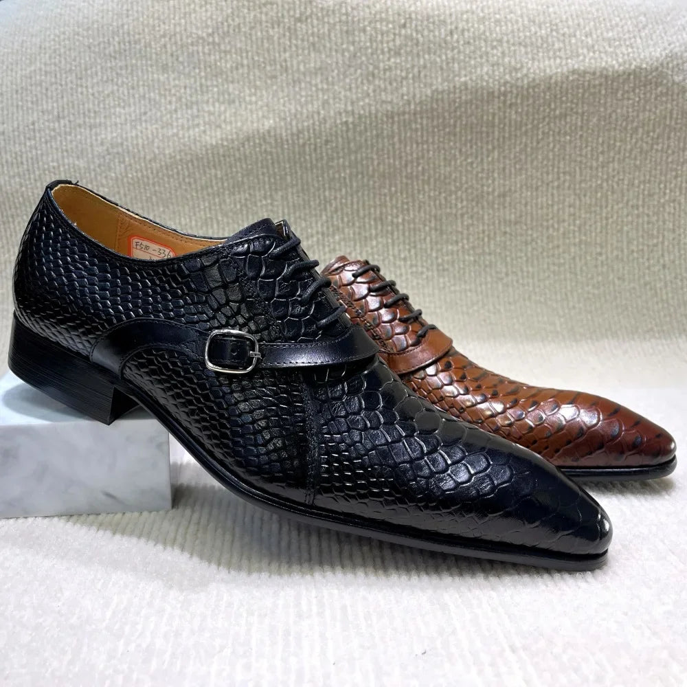 Men's Handmade Italian Style Genuine Leather Dress Shoes Pointed Toe Python Pattern Wedding Oxford Business Shoes