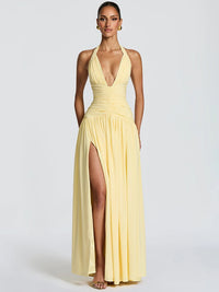 Mozision Halter Deep V Neck Sexy Maxi Dress Women Elegant Off-shoulder Sleeveless High Split Pleated Club Party Long Dress