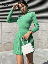 Two Piece Sweater Outfits Set Women Knitted Tops And Pleated Mini Skirts Long Sleeve V Neck Button Up Streetwear Sexy Skirt Sets