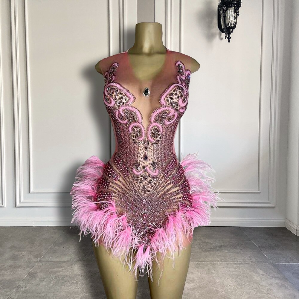 Luxury Sexy See Through Beaded  Crystals Birthday Party Short Prom Dress Feather African Women Pink Cocktail Dresses 2023