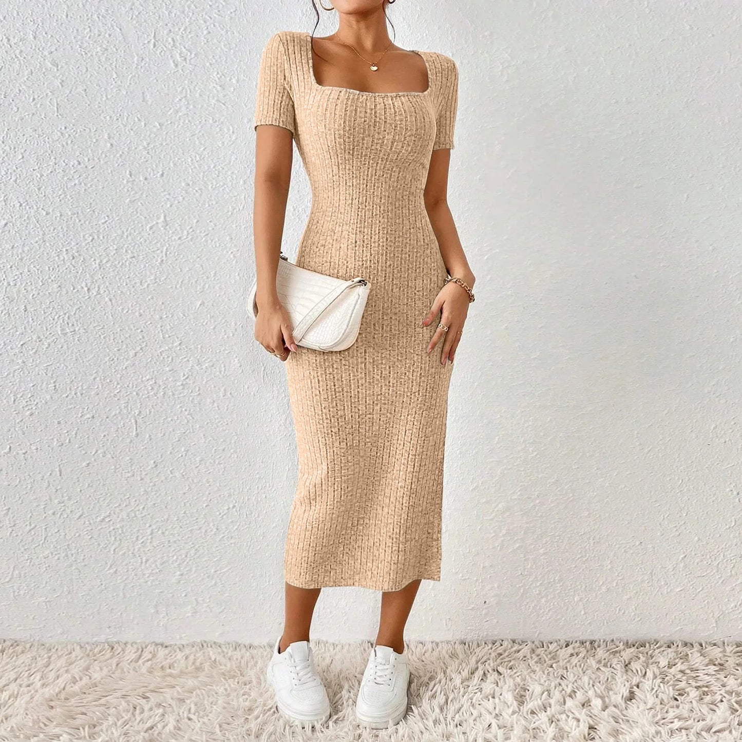 Women Short Sleeve Dress Soft Knitted Elegant Bodyon Dress Casual Skinny Slim Fit Pullover Commuting Midi Dress