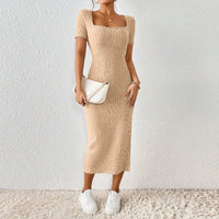 Women Short Sleeve Dress Soft Knitted Elegant Bodyon Dress Casual Skinny Slim Fit Pullover Commuting Midi Dress