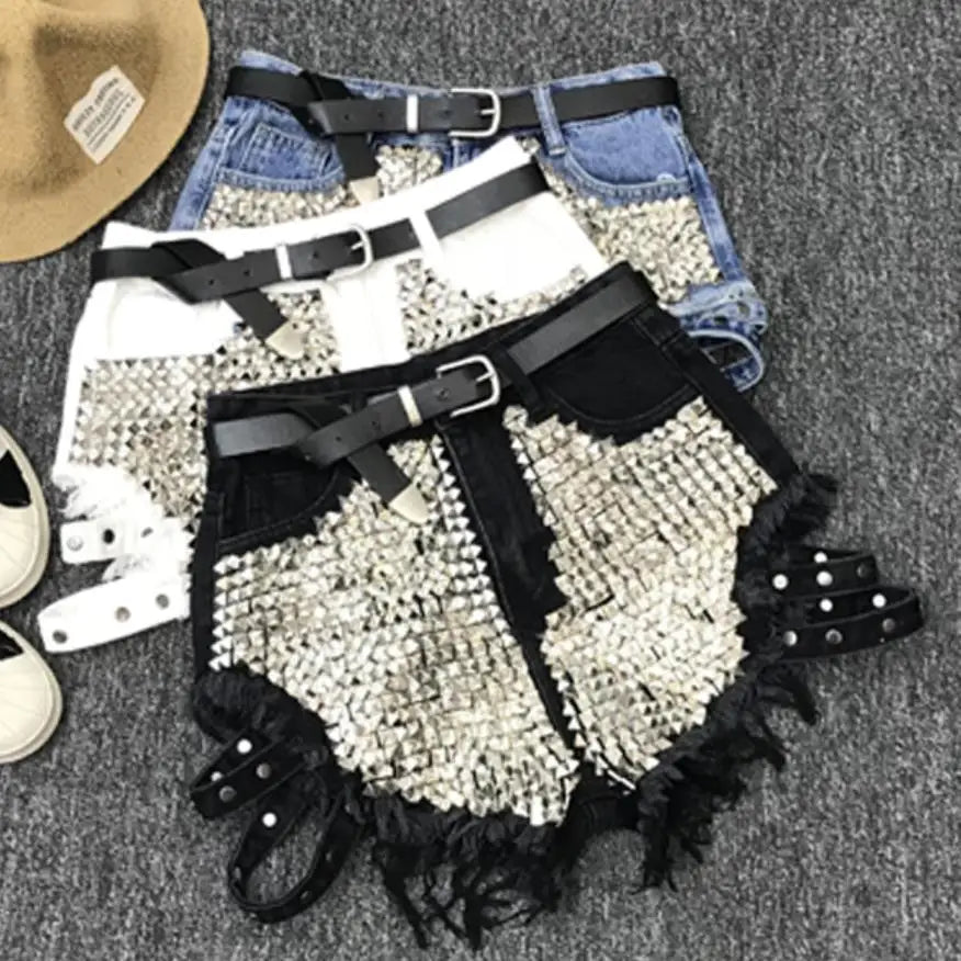 Rivet denim shorts summer spring women high waist loose tassel jeans shorts