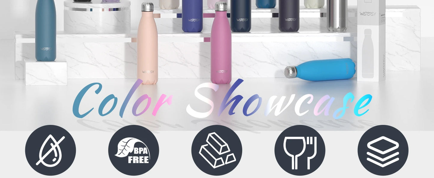 WATERSY 500ml Insulated Water Bottle, Stainless Steel Thermal Leakproof Flask, BPA-Free Double Walled Vacuum Bottle for Sports