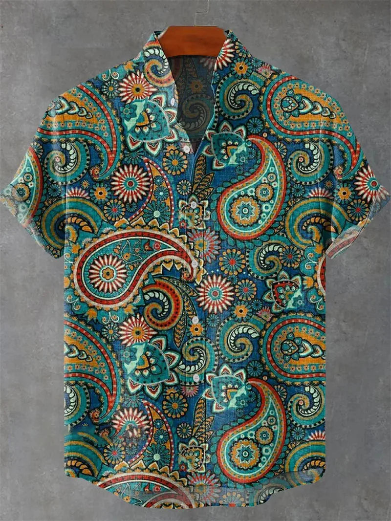 2025 3D Printed Linen Shirt Summer Casual Men's Button Short Sleeved Top Street Fashion Retro Shirt Roupa Masculina