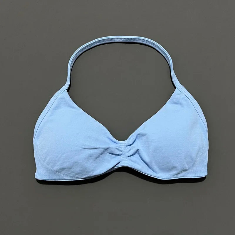 HISTELLO Strappy Bra Gym Top Women High Support Thin Strap Halter Sports Seamless Bras Scrunch Push-up Workout Yoga Tank Tops