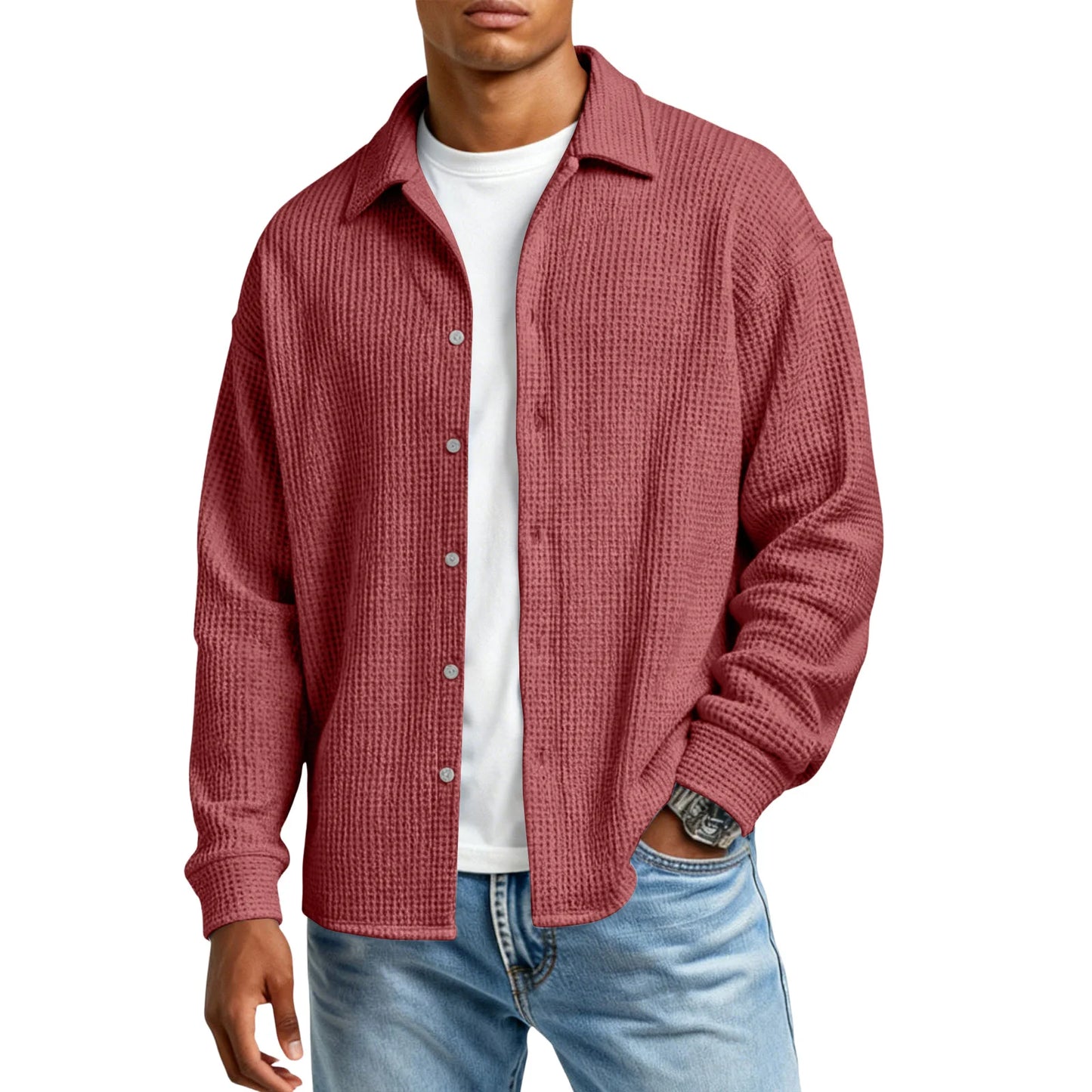 Men Casual Button Down Shirt Long Sleeve Collar Shirt Waffle Texture Loose Fit Fashion Men Top Trendy Outfit Daily Wear