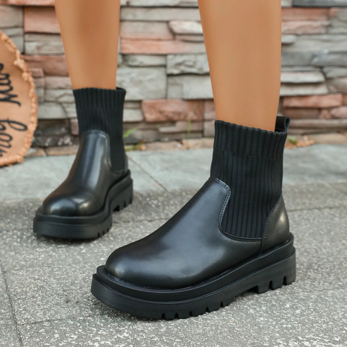 2025 Autumn Winter Fashion Women Chelsea Boots Leather High Heels Boots Platform Shoes Ladies Knitted Sexy Ankle Boots