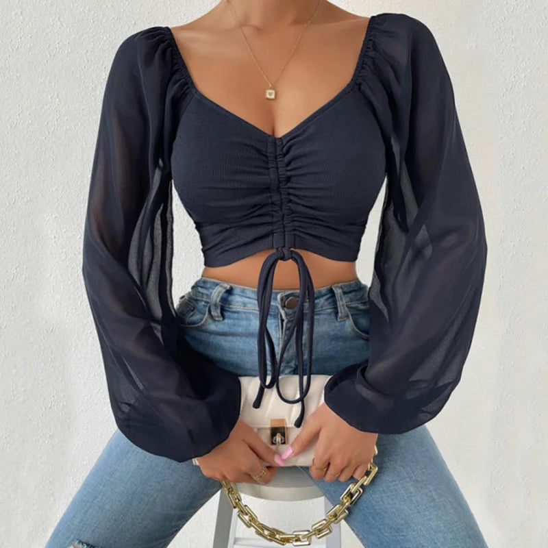 Horetong Women's Sexy V-neck Off-Shoulder Blouses Summer Drawstring Bandage Long Sleeve Tops Ladies Korean Fashion Short Clothes