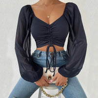 Horetong Women's Sexy V-neck Off-Shoulder Blouses Summer Drawstring Bandage Long Sleeve Tops Ladies Korean Fashion Short Clothes
