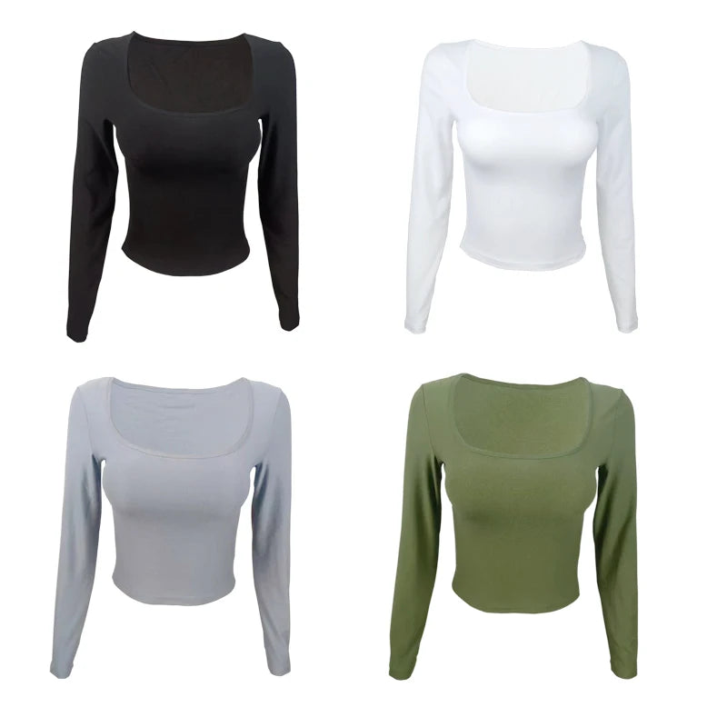 Long Sleeve T-shirt Slim Tops Sexy Woman Clothing Square-Cut Collar Close-fitting Tee Shirt Street Wear Fall 2025 New 2523