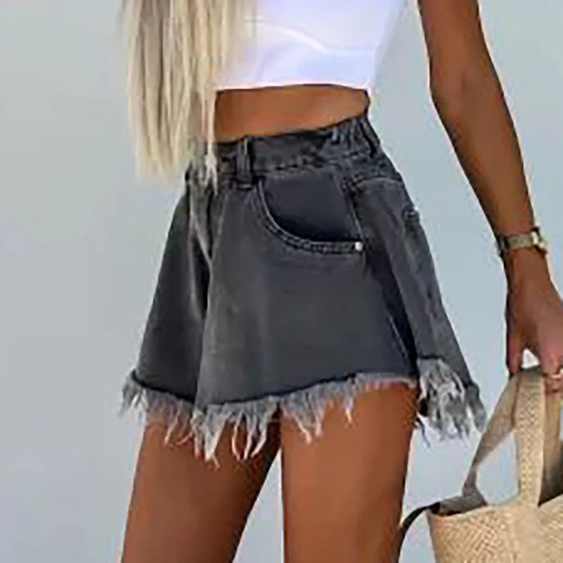 Elegant Office Lady Tassel A-Line Denim Shorts Woman New High Waist Button Wide Leg Short Pants Spring Summer Casual Jean Shorts