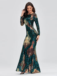 O-neck Long-Sleeve Shinning Sequins Evening Dresses Sexy Backless Mermaid Party Gowns Maxi Elegant Multi Female Robes Vestidos