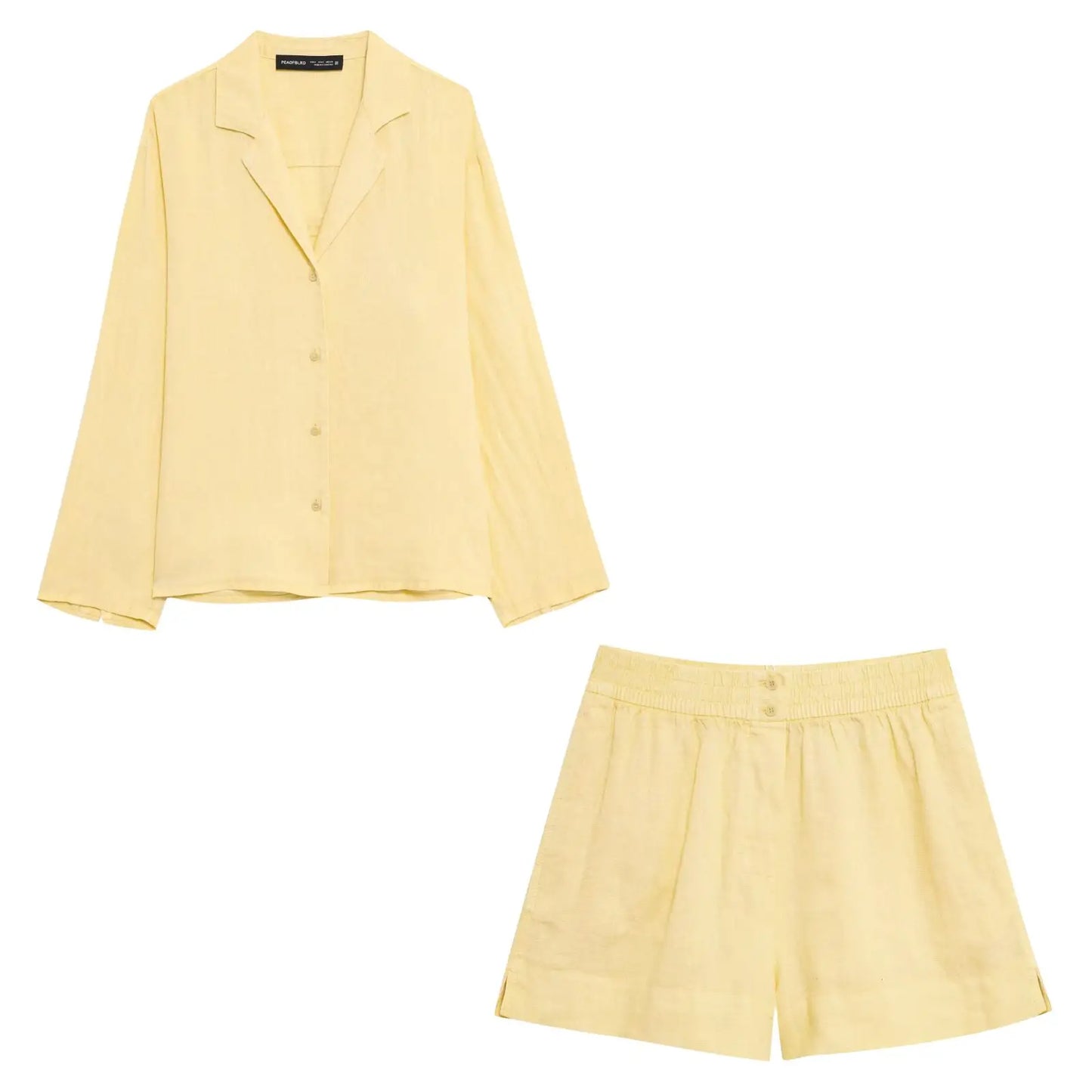 HH 2025 Casual Women Linen Shirt Shorts Sets Summer Lapel Single-Breasted Long Sleeves Shirt Top+Elastic Waist Pocket Shorts