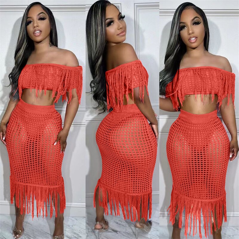 Znaiml Sexy Beach Crochet Hollow Out Tassel Fringed Crop Top and Long Skirt Sets Women Summer Party 2 Piece Dress Sets Outfit