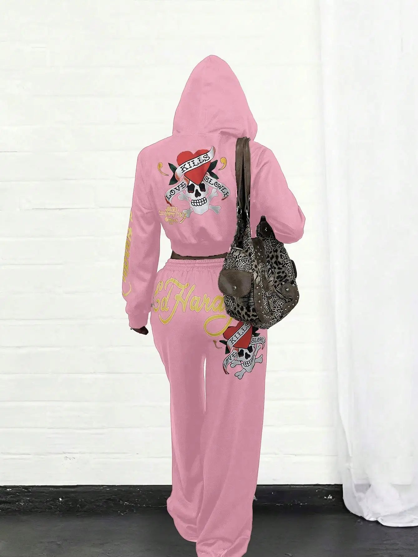 Ed Hardy Skull & Heart Print Cropped Hoodie and Wide Leg Pants Set - Gothic Streetwear