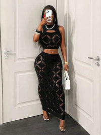 FHSEER 2PCS Women's Sexy Set Plus Size Black Mesh Hollow Out Crop Tank & High Waist Bodycon Mini Skirt Lace Stretechy Clubwear
