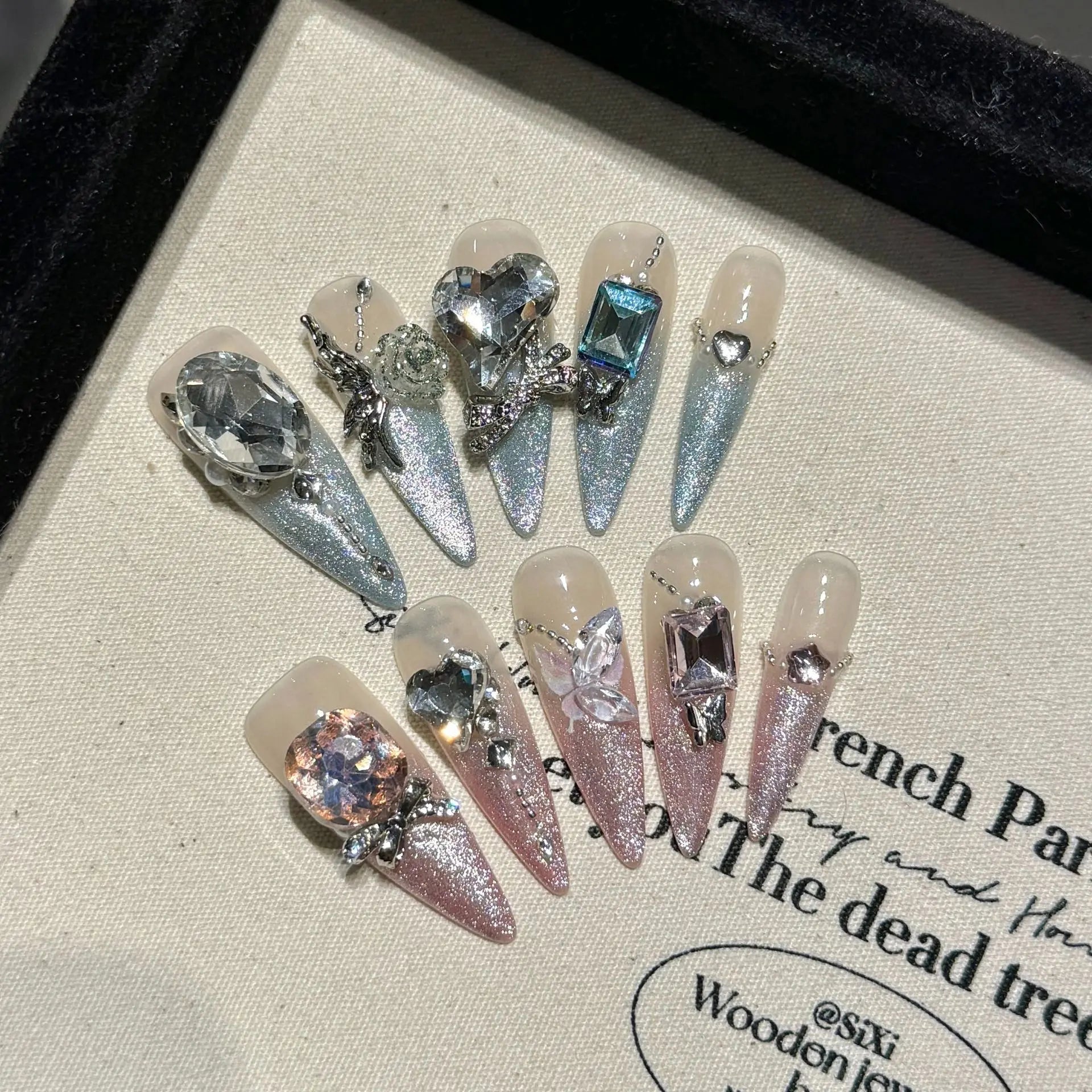 10pcs Luxury Handmade False Nail Y2k Glitter Pink Blue French Style Press On Nails Shiny Diamond Metal Butterfly Decor Fake Nail