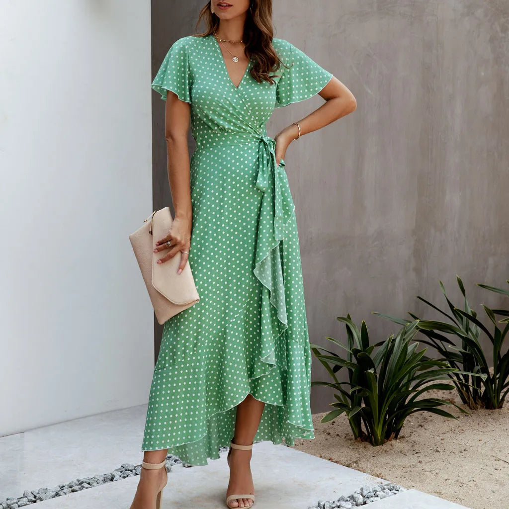 Ladies Bohemian Polka Dot Chiffon Dress Sexy V Neck Short Sleeve Split Maxi Sundress Summer Wrap Dresses For Women