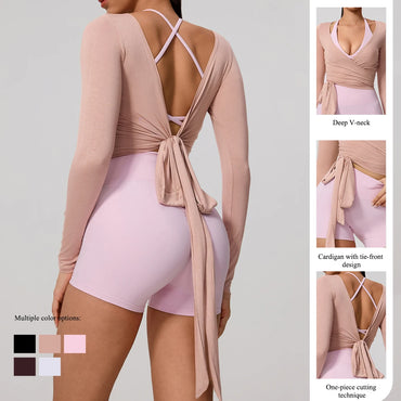 New Summer Women's Yoga Long Sleeve One Piece Strap Yoga Clothing Female Training Premium Ballet Wrap TopsWoman Gym Sports Top