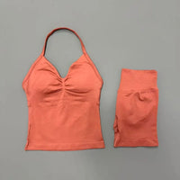 2 Pieces Sports Set Women Backless Halter Tops Fitness Tank Top High Waist Seamless High Stretch Shorts Gym Workout Sets