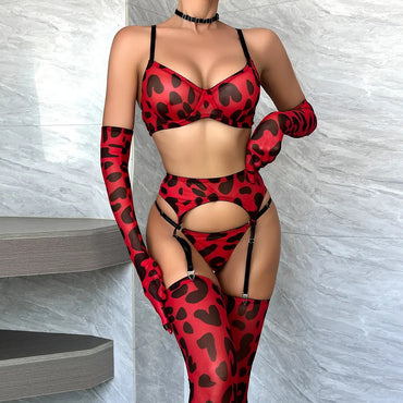 5 Pieces Erotic Lingerie with Stockings and Gloves Leopard Sheer Bra Panty Set Lace Transparent Bandage Exotic Sets Uncensored