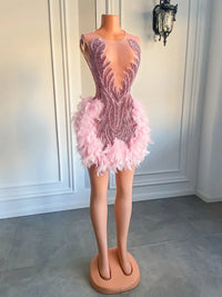 Luxury Sheer Neckline Women Cocktail Dress Pink Feather Black Girl Short Prom Dresses 2023 For Birthday Party