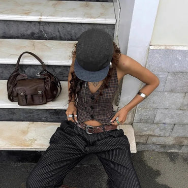 Plaid Print Vintage Cardigan V-neck Buttons Halter Casual Crop Tops Sexy Backless Sleeveless Tank Tops Fashion Streetwear Vest