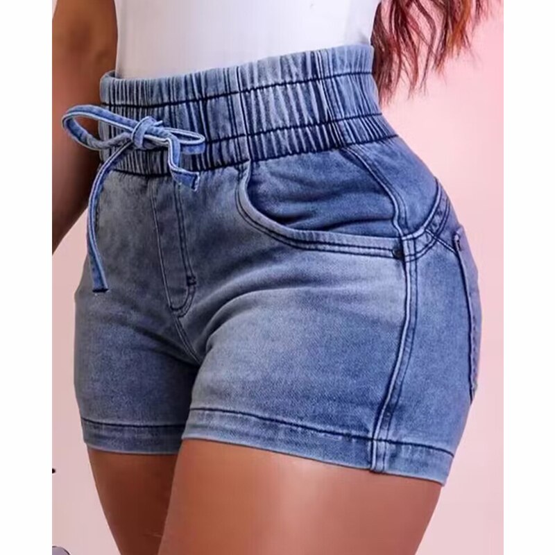 Women Vintage Fashion Drawstring High Waist Denim Shorts Women Casual Retro Hip Lift Bodycon Short Jeans Streetwear